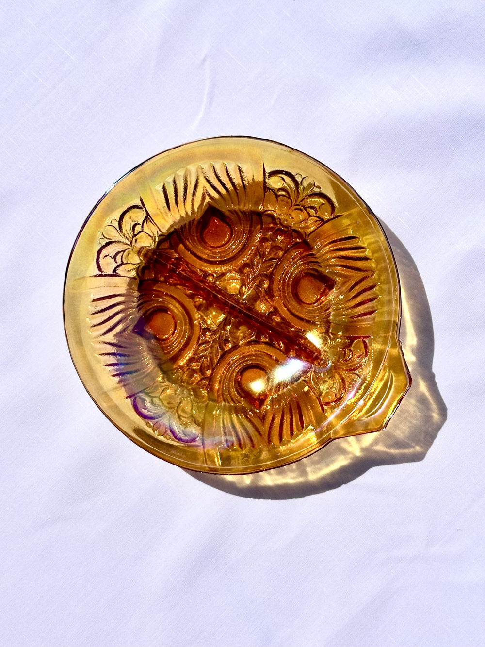 Vintage Amber Glass Divided Bowl with Handle