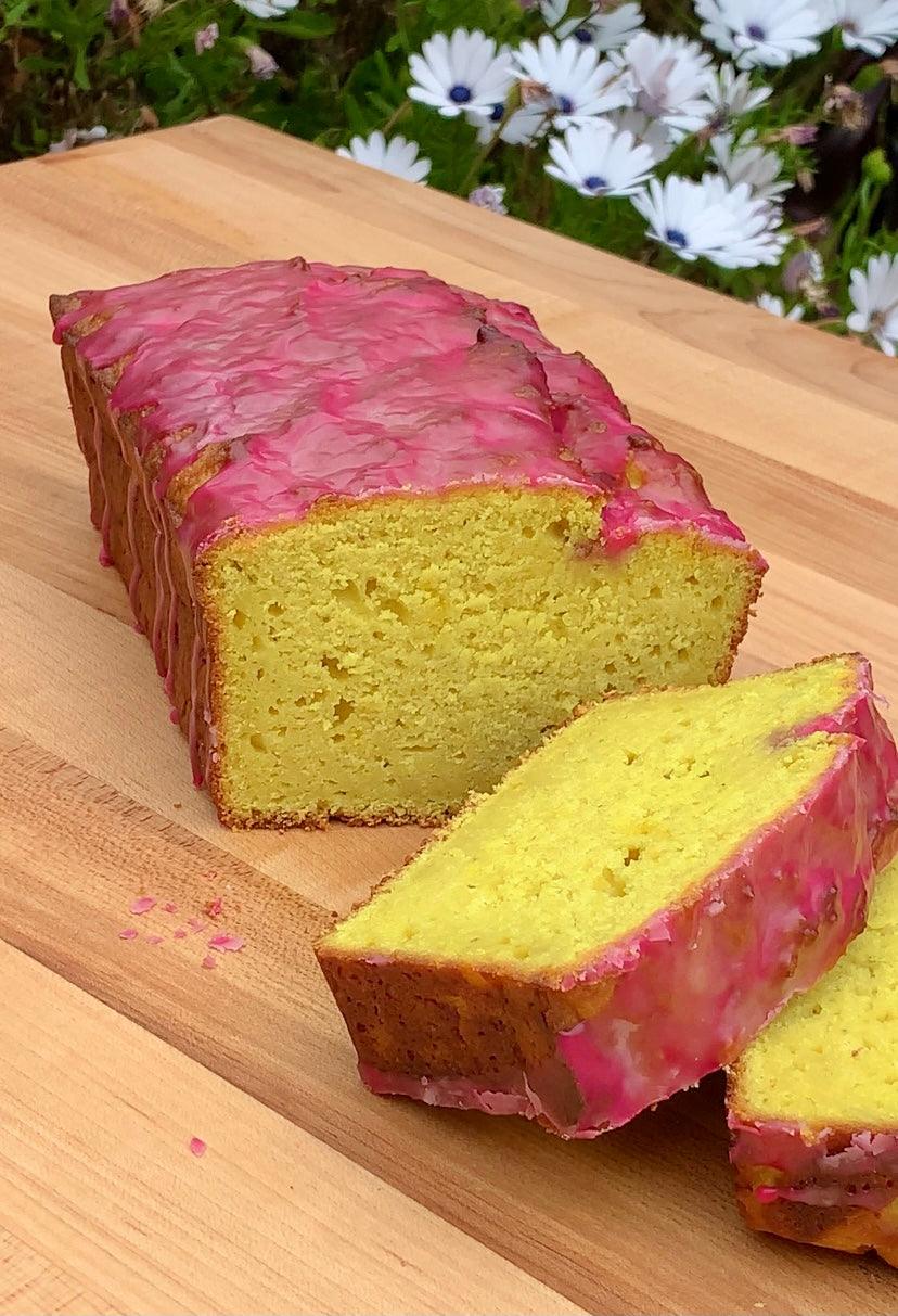 Turmeric Lemon Lime Loaf Cake with Hibiscus Glaze - Moodbeli