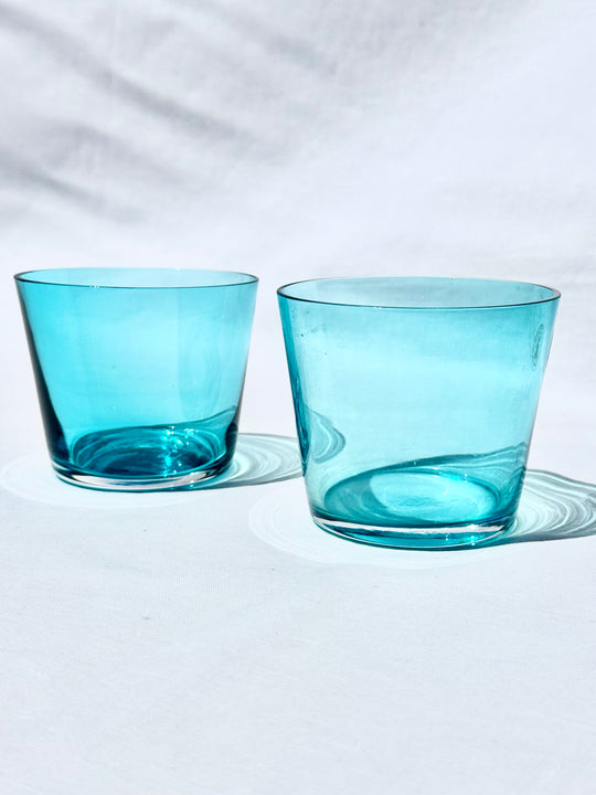 Vintage Caribbean Blue Lowball Glasses (Set of 2)