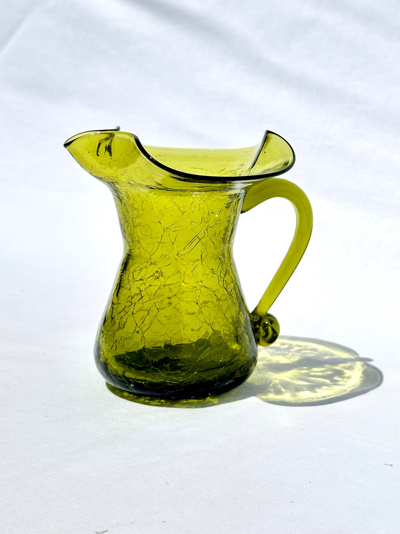 Vintage Hand Blown Green Crackle Glass Pitcher with Ruffled Edge