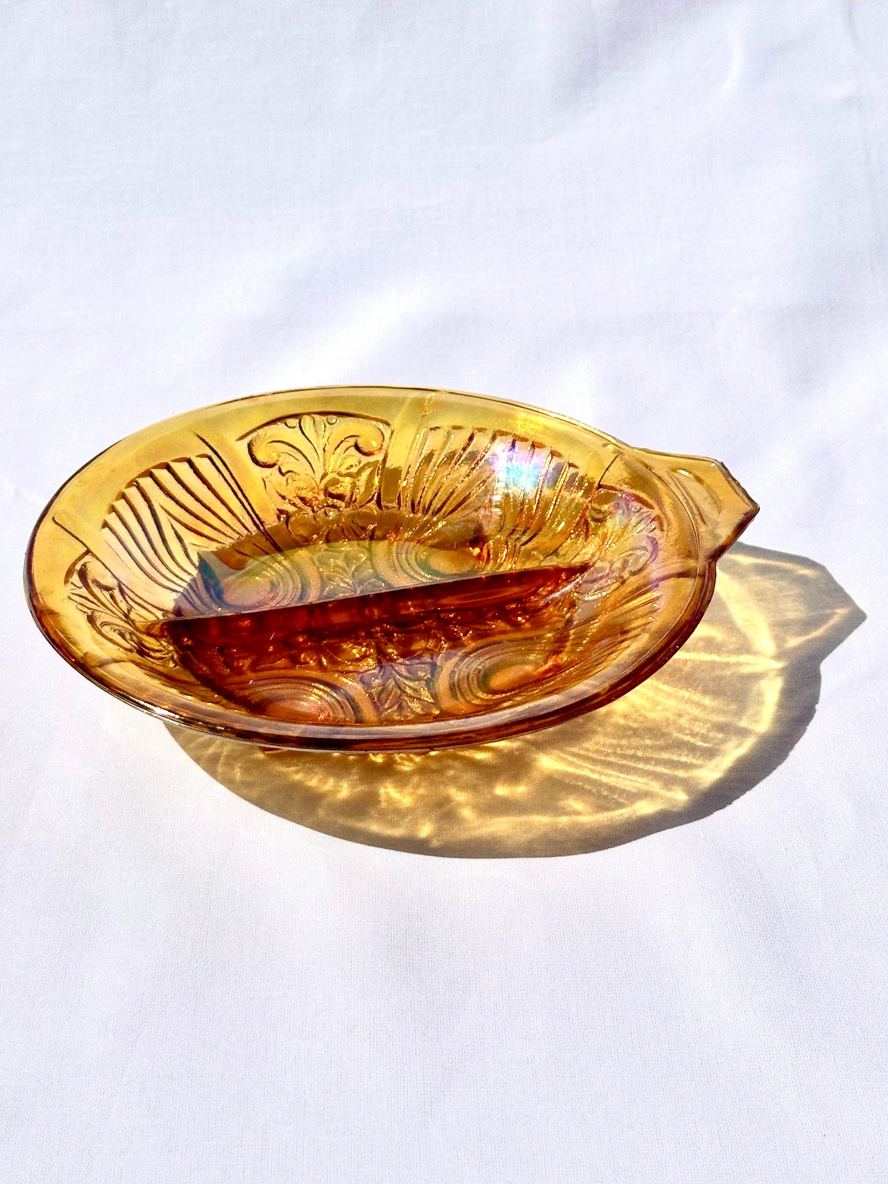 Vintage Amber Glass Divided Bowl with Handle