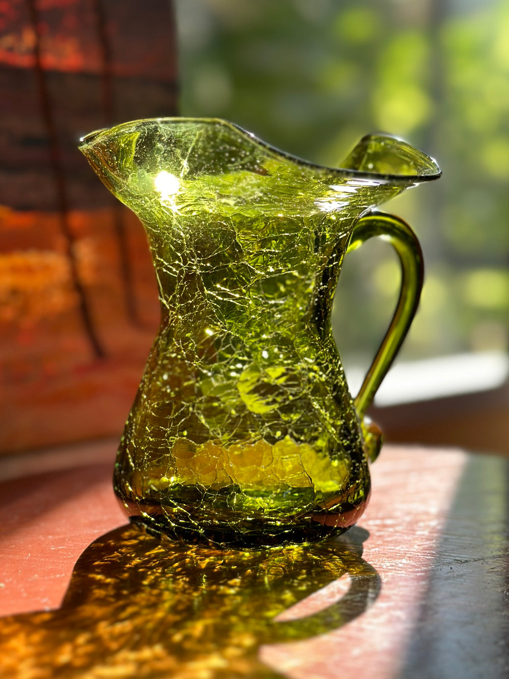 Vintage Hand Blown Green Crackle Glass Pitcher with Ruffled Edge