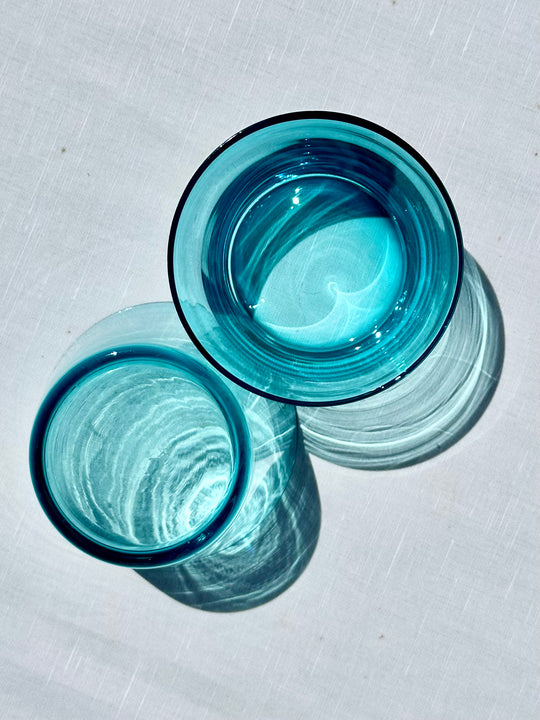 Vintage Caribbean Blue Lowball Glasses (Set of 2)