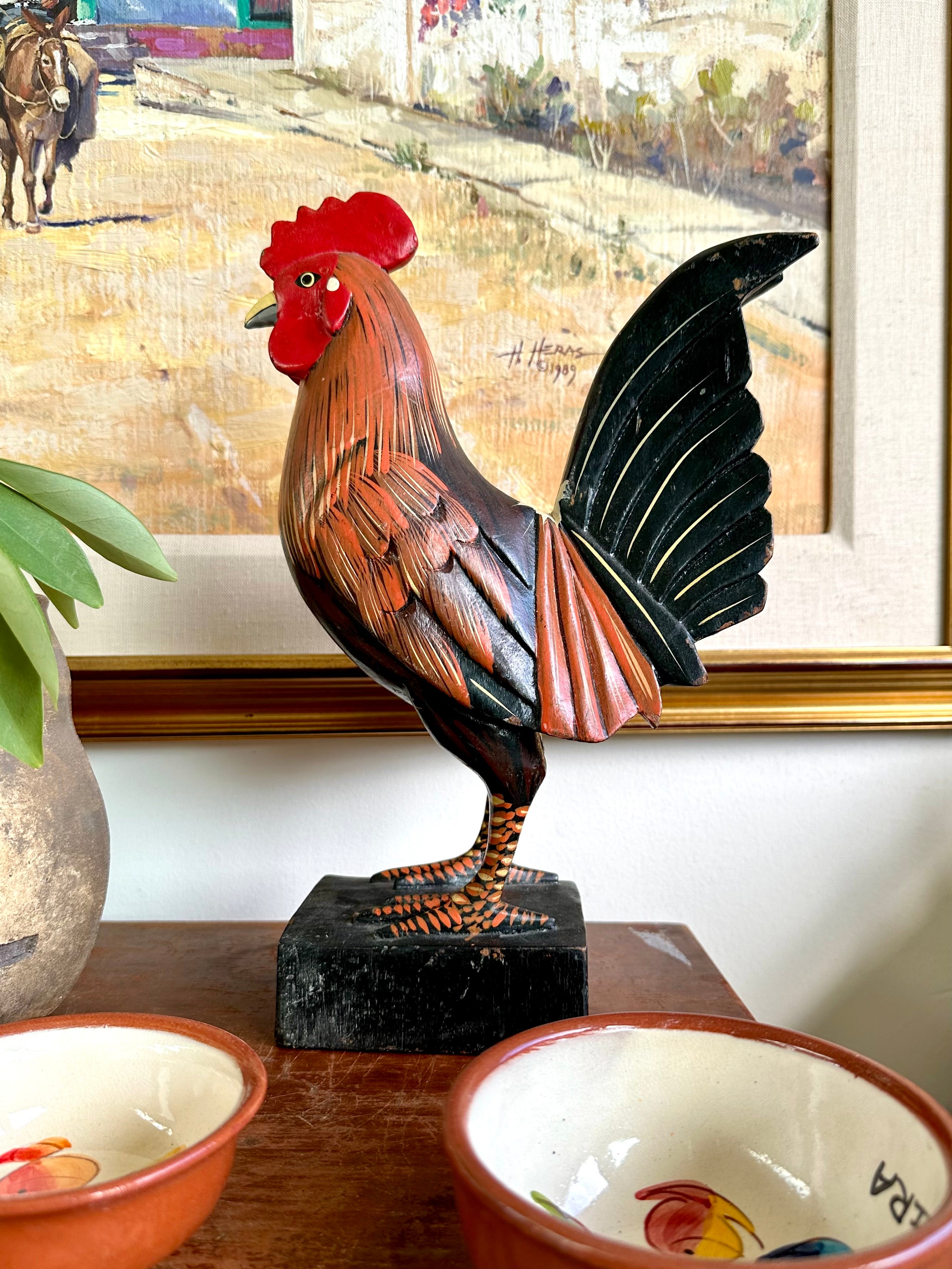 Vintage buy Hand Carved Wood Rooster Chicken Sculpture