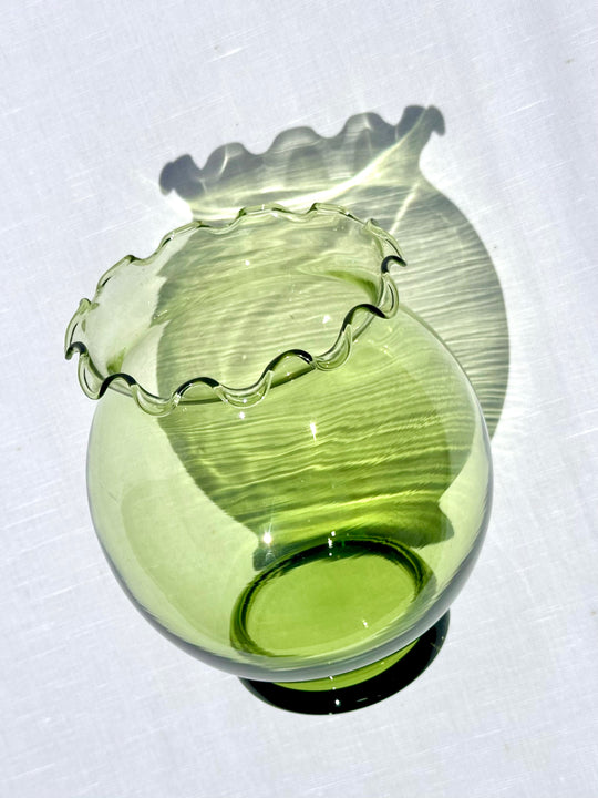 Vintage Lime Green Bubble Bowl Glass Vase w/Ruffled Edges