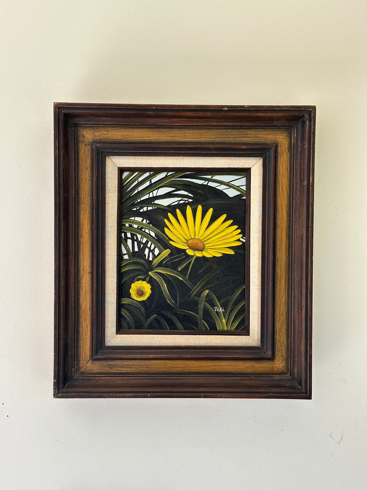 Original Framed Oil Painting, Yellow Flower, Signed Teal